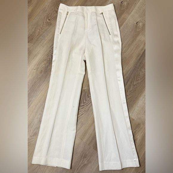 Rebecca Taylor White Satin Trim Tuxedo Style Linen Pants size 4 - Picture 1 of 8
